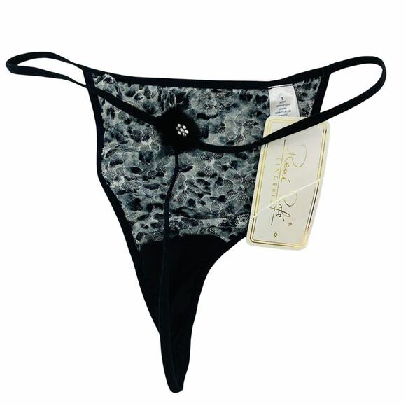 Rene Rofe Black Grey Leopard Animal Print G String Panty Rhinestone Boudoir - Picture 3 of 7